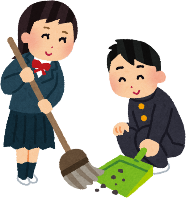 Illustration of Students Cleaning with Broom and Dustpan