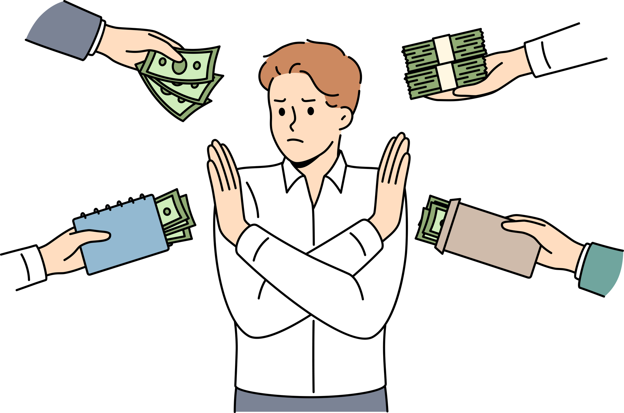 Man refuses monetary bribes by crossing arms and not wanting to participate in illegal transactions